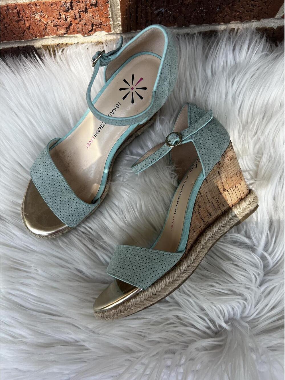 Isaac Mizrahi Light Blue Cork Ankle Strap Open Toe Wedges